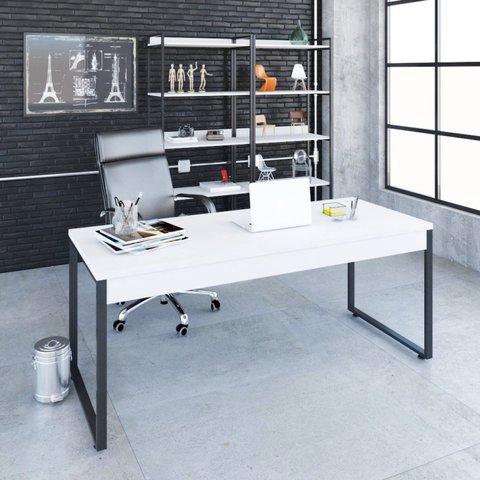 Escrivaninha Mesa Escritório Estilo Diretor Kuadra 180cm Industrial Branco Chess
