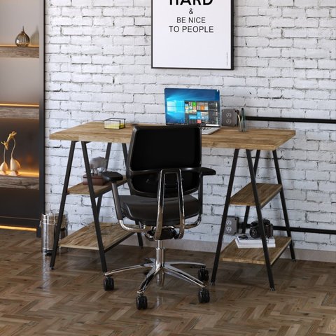 Escrivaninha Mesa Escritório Cavalete Estilo Kuadra 4 Prateleiras 135cm Industrial Carvalho