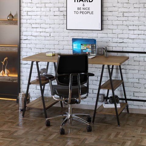 Escrivaninha Mesa Escritório Cavalete Estilo Kuadra 4 Prateleiras 135cm Industrial Lâmina Mel