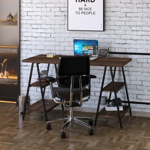 Escrivaninha Mesa Escritório Cavalete Estilo Kuadra 4 Prateleiras 135cm Industrial Nogal