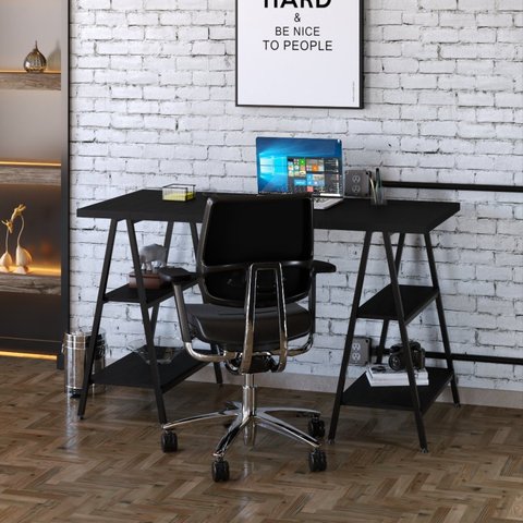 Escrivaninha Mesa Escritório Cavalete Estilo Kuadra 4 Prateleiras 135cm Industrial Preto Ônix