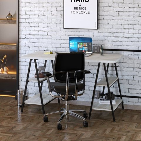 Escrivaninha Mesa Escritório Cavalete Estilo Kuadra 4 Prateleiras 135cm Industrial Snow