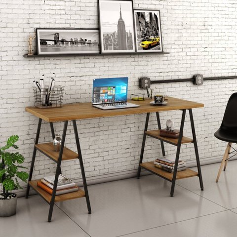 Escrivaninha Mesa Escritório Cavalete Estilo Kuadra 4 Prateleiras 150cm Industrial Lâmina Mel Marrom