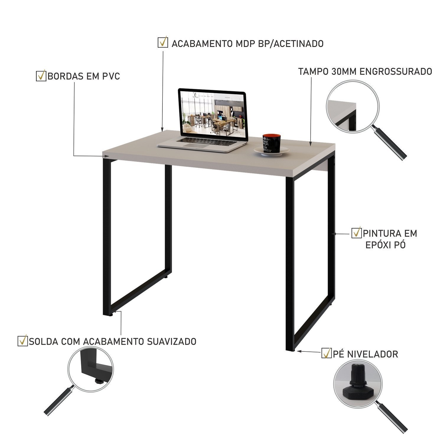 Mesa para Escritório Office Estilo Industrial 90cm Kuadra  - 5