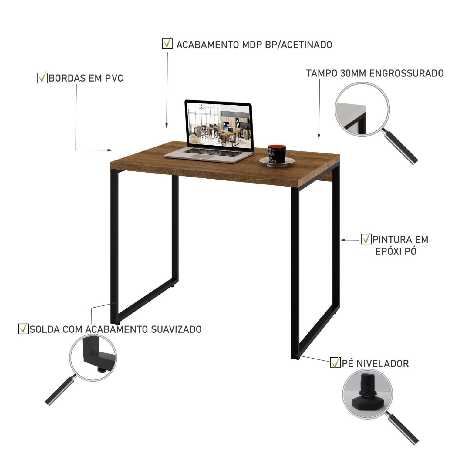 Mesa para Escritório Office Estilo Industrial 90cm Kuadra  - 5