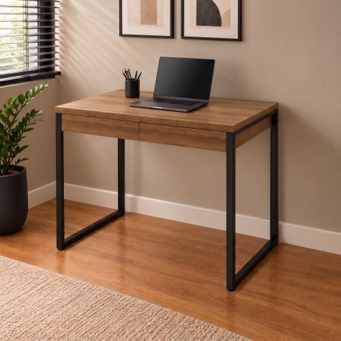 Escrivaninha Mesa Escritório Kuadra 2 Gavetas 90cm Estrutura Industrial Preto Marrom/Lâmina Mel