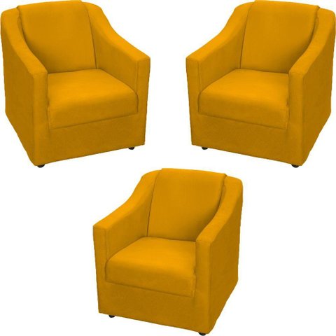Kit 3 Poltronas Mila Pé de Plástico Cromado - Mostarda Suede