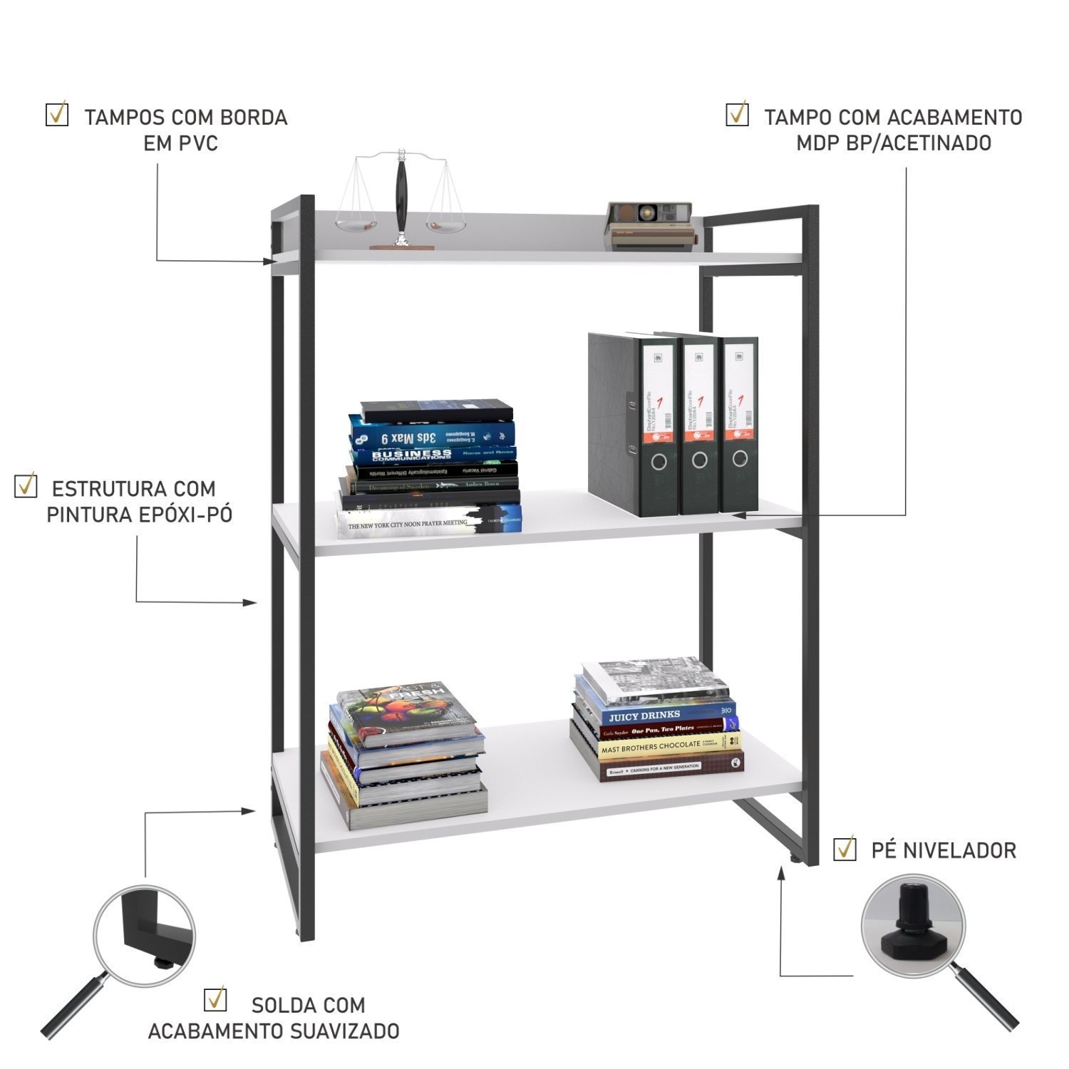 Estante para Livros Industrial 104cmx80cm 3 Prateleiras Kuadra - 5