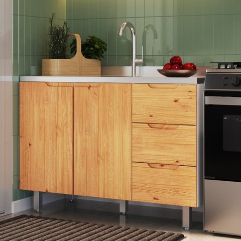 Balcão para Pia 120cm sem Tampo 2 Portas 3 Gavetas Madeira Maciça/MDF Ikigai Branco/Carvalho
