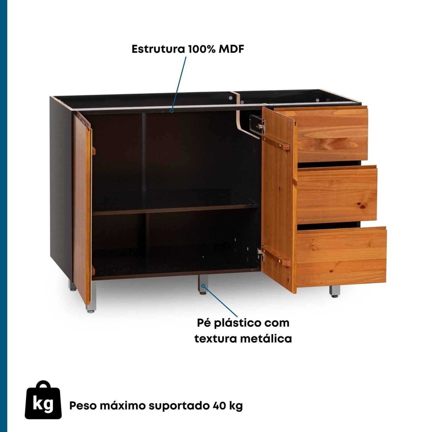 Balcão para Pia 120cm sem Tampo Madeira Maciça/MDF Island  - 2