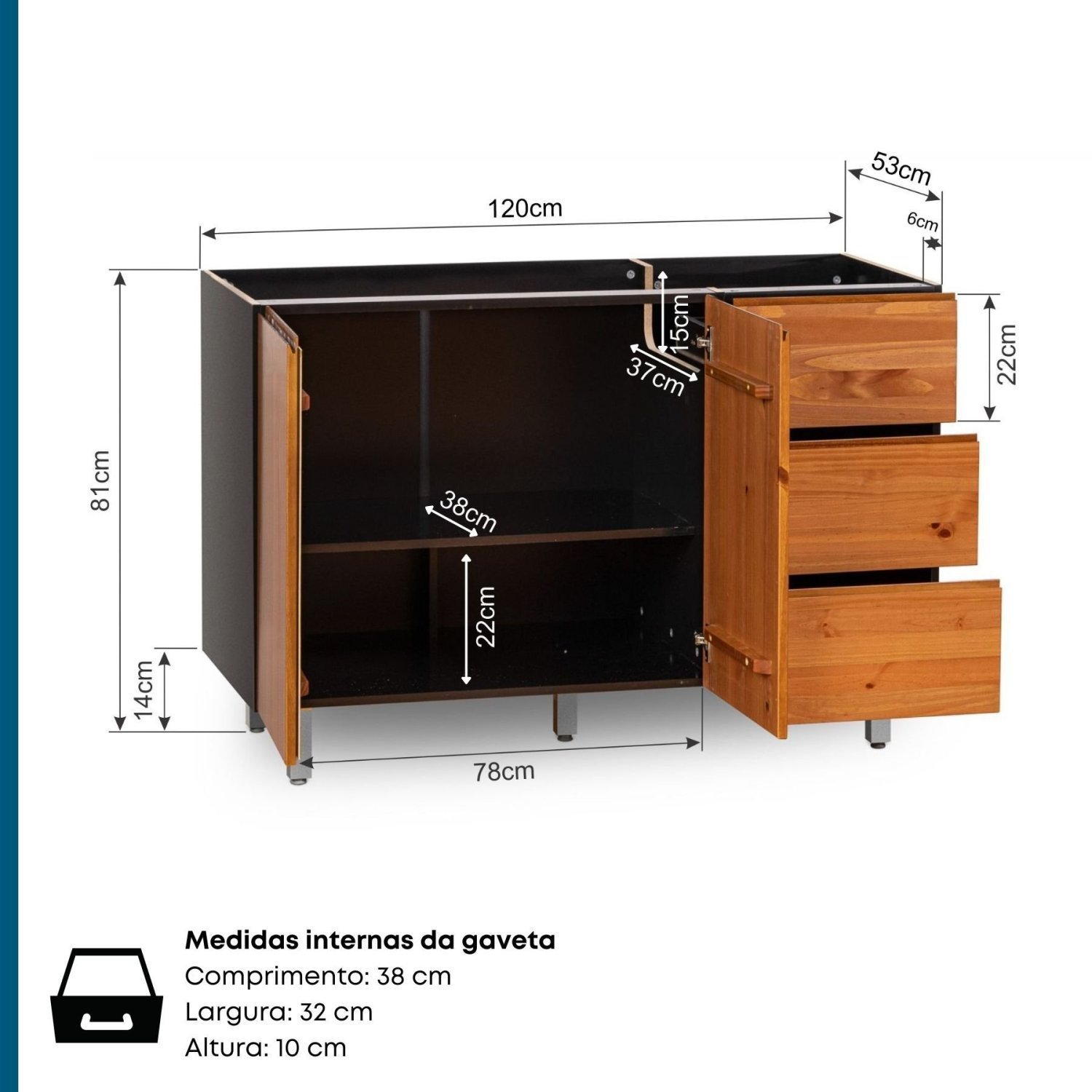 Balcão para Pia 120cm sem Tampo Madeira Maciça/MDF Island  - 4