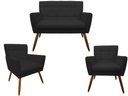 Ver imagem 1 de Kit Namoradeira + 2 Poltronas Decorativa Onix Couro Preto Pés Madeira Ms Decor