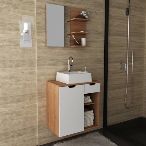 Gabinete para Banheiro com Espelheira e Cuba BN3619 Laranja/Amendoa/Branco
