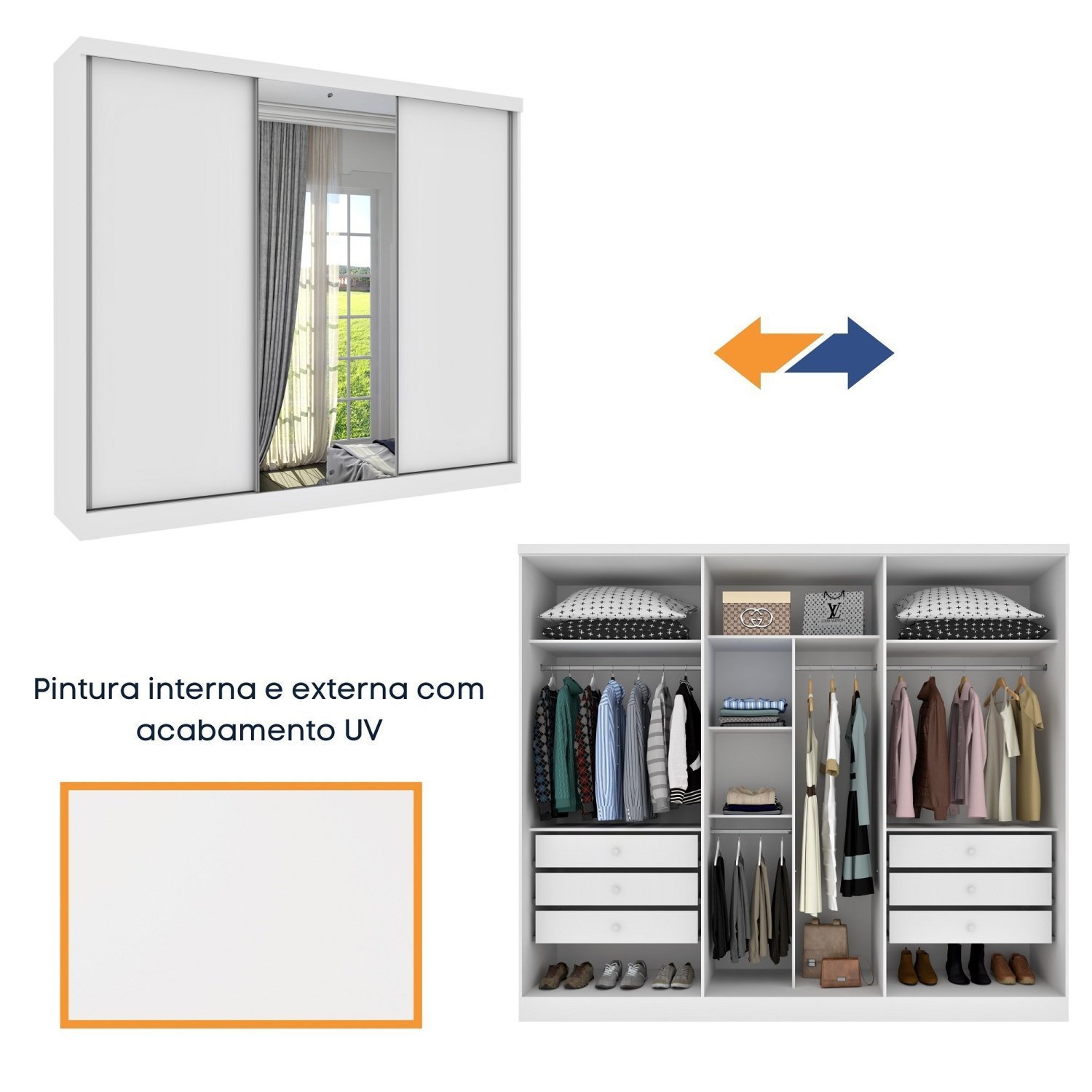 Guarda Roupa Casal com Espelho e pés 3 Portas 6 Gavetas 270cm Milão   - 11