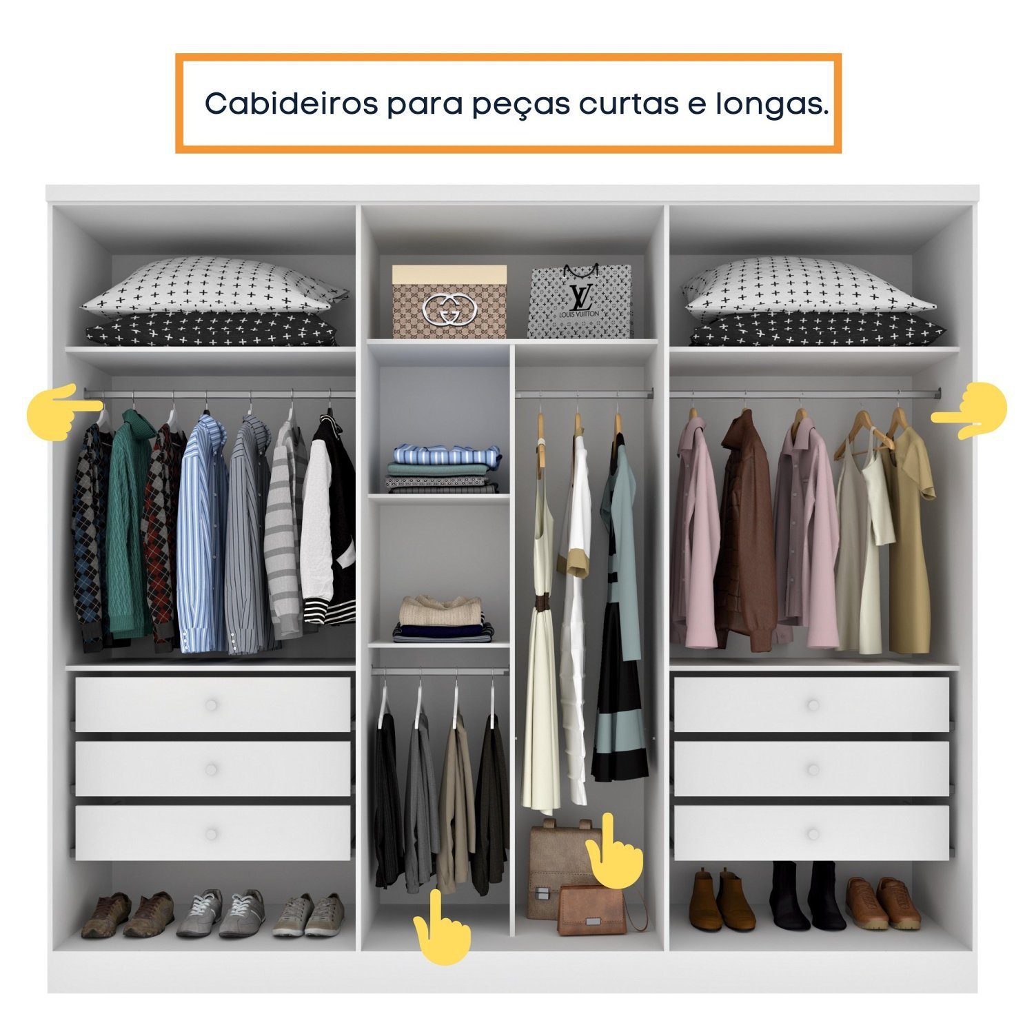 Guarda Roupa Casal com Espelho e pés 3 Portas 6 Gavetas 270cm Milão   - 6