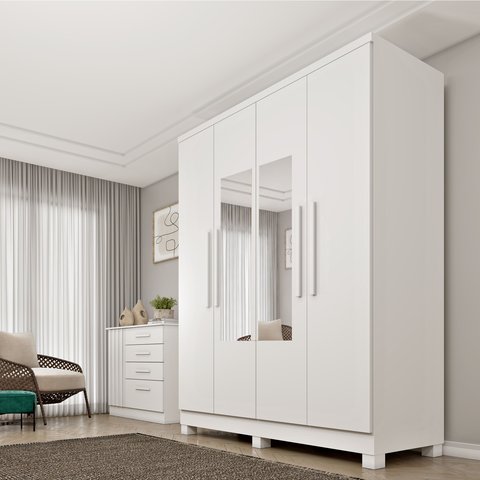 Guarda Roupa Solteiro com Espelho e Pés 4 Portas 2 Gavetas 133cm Amsterdam Branco/Neve