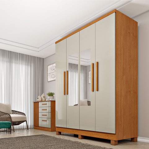 Guarda Roupa Solteiro com Espelho e Pés 4 Portas 2 Gavetas 133cm Amsterdam Bege/Cinamomo/Off White