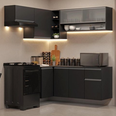 Armário de Cozinha Completa de Canto Suspenso 325 Cm Preto Nice Madesa 01 Preto