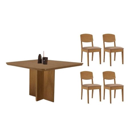 Sala de Jantar Completa Berlim C/ Tampo Madeirado Canto Curvo 90x90cm e 4 Cadeiras Havana Naturale