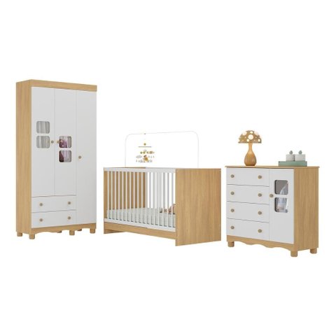 Quarto de Bebê Completo com Berço 3 em 1 para Colchão 130x60cm Luna Multimóveis Mp4528 Madeirado