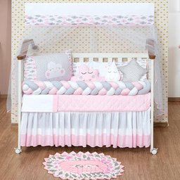 Kit Berço Nuvem Rosa 13 Peças C/ Tapete - 100% Algodão - 1