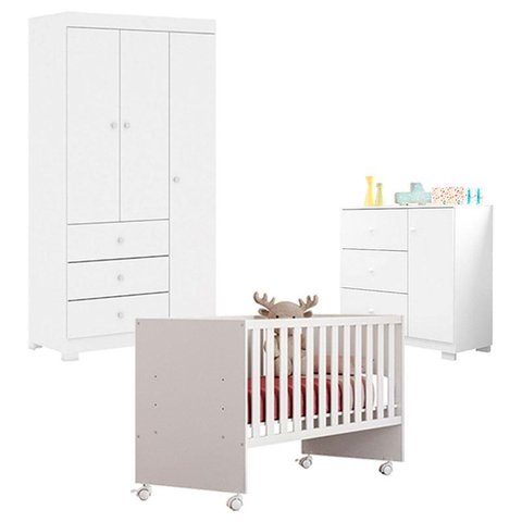 Quarto de Bebê Duda 3 Portas com Berço Nacional Doce Sonho 3540 Branco Brilho – Phoenix Baby