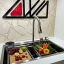 Ver imagem 3 de Cuba Cozinha Gourmet Inox 304 Escovada Torneira Extensível Cascata Dispenser Tábua Escorredor Cesto