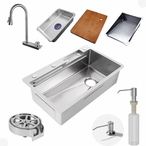 Cuba Cozinha Gourmet Inox 304 Escovada Torneira Extensível Cascata Dispenser Tábua Escorredor Cesto