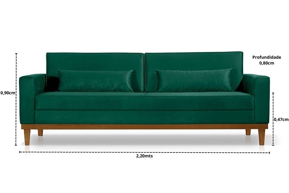 Sofá Living Valência 2,20mt C/base Madeira- Espuma 8 cm C/ 2 Almofdas Verde- Estofado Pérola - 2