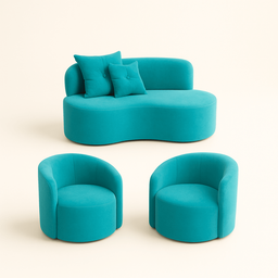 Conjunto Decorativo 02 Poltronas + Sofá Curvo Orgânico Nature Gaia Suede Azul Turquesa - Montanaris  - 1
