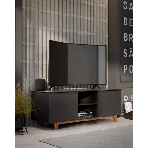 Rack Bancada Flow para Tv 146 Cm 2 Portas com Pés de Madeira Preto - Rede Móveis