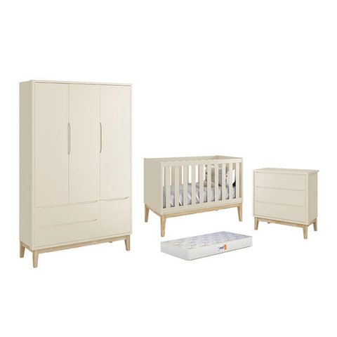Dormitório Classic 3 Portas, Cômoda 3 Gavetas Areia Fosco com Pés Madeira Natural e Colchão D18