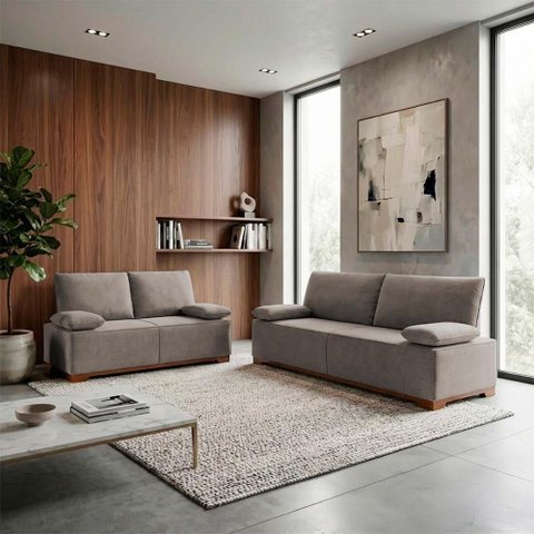 Conjunto Sofá Living Montblanc 3 e 2 Bouclê Marrom Braços Reclináveis - King House