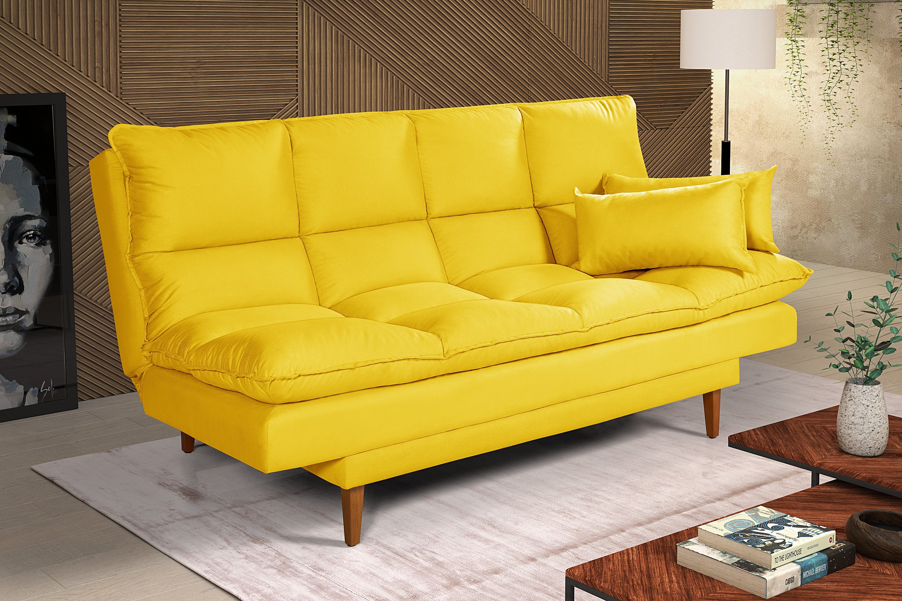 Sofá Cama Casal 3 Lugares Andorra Suede Amarelo 374 Império Estofados