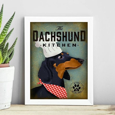 Quadro Cozinha Dachshund 33x24cm - com Vidro:madeira Preta