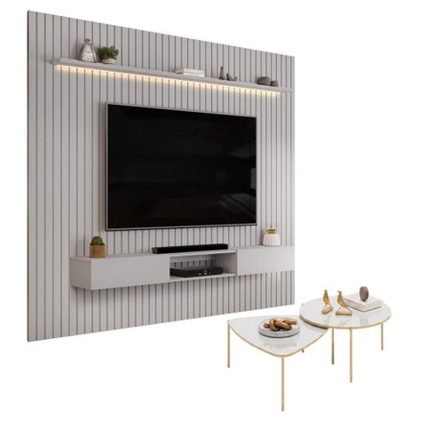 Painel Trento 275 Ripado com Bancada com LED com Mesa de Centro Lina e Cleia Bali Bali Dj-Móveis