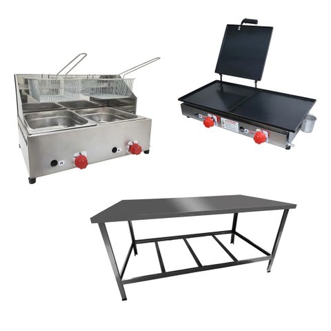 Kit Lanchonete Mesa de Manipulação 120x55cm + Fritadeira a Gás 2 Cuba + Chapa a Gás 60cm
