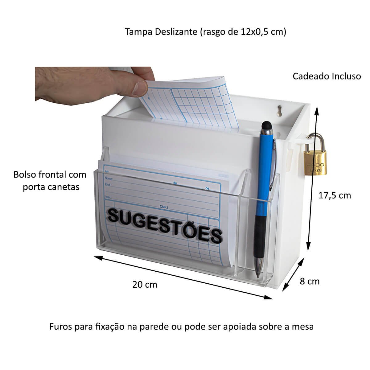 Urna Caixa De Sugestão Parede Em Acrílico Branca com Cadeado Centauri Acrílicos UCS-B01 - 3