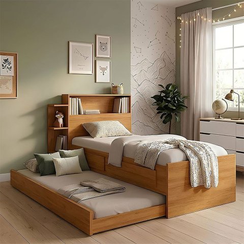 Cama Isa Solteiro com Cama Auxiliar e Gavetas com Colchões D33 para Dormitório e Quarto - Nature