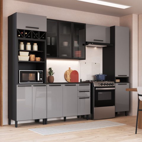 Cozinha Modulada Compacta Torre Quente Vidro 5 Peças Diamante Preto/Chumbo/Titanio