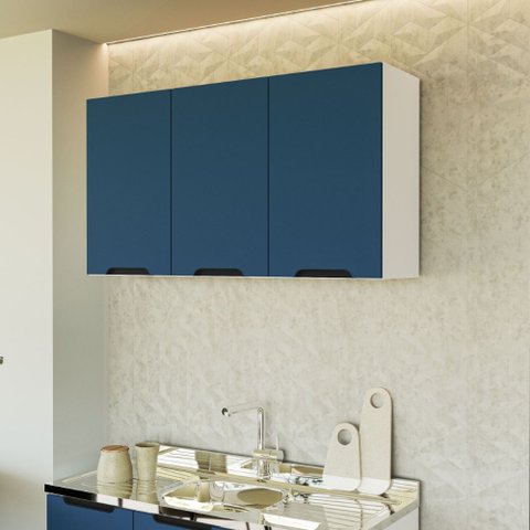 Armário Aéreo 120 Cm 3 Portas Meena Branco Azul Politorno Móveis