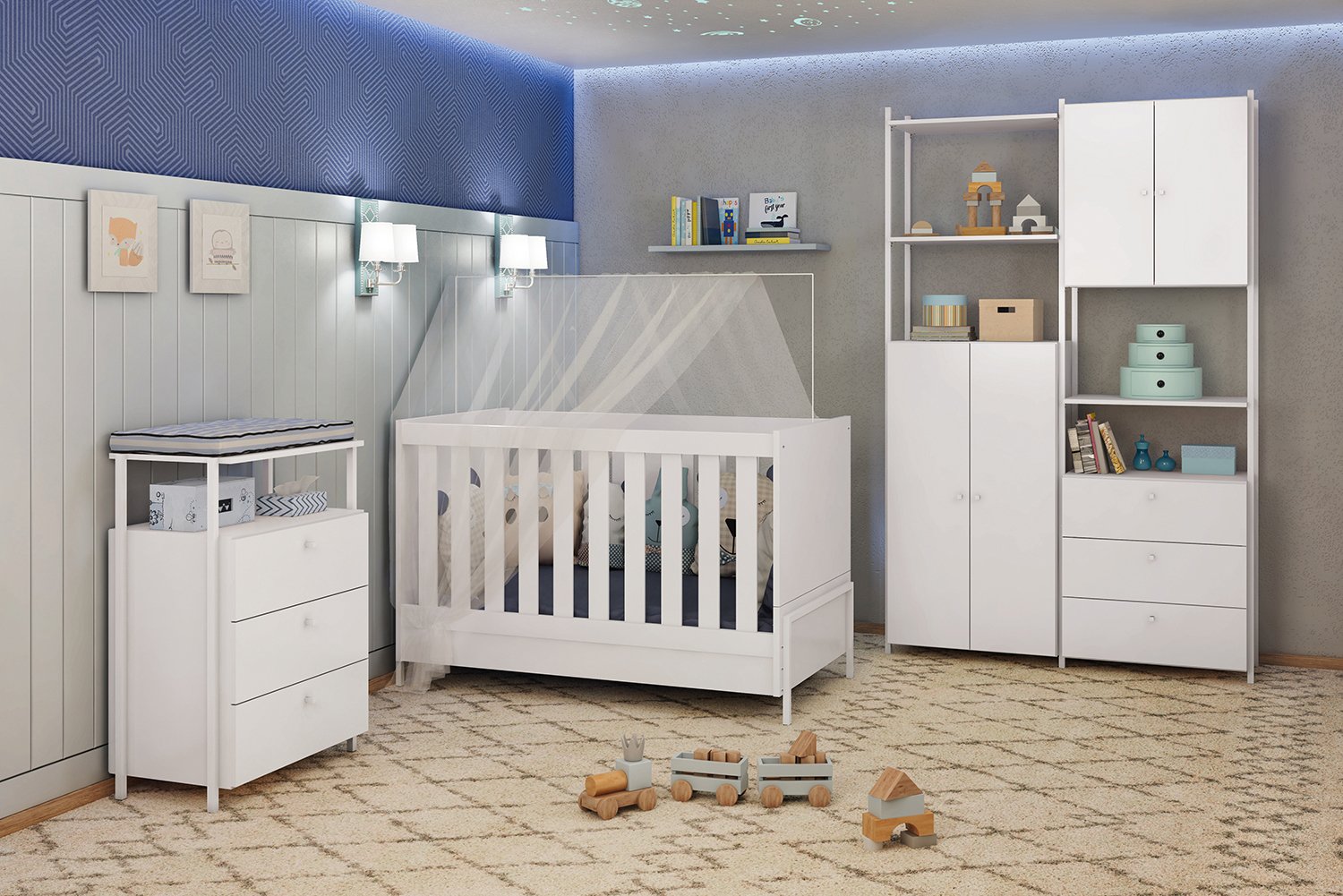 Quarto de Bebê Completo 1 Closet 1 Cômoda 1 Berço Mini Cama Metalic MDF Industrial Móveis Estrela - 1