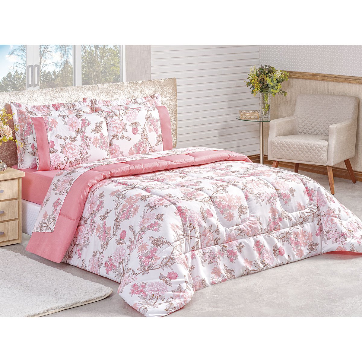 Edredom King Size 200 Fios Dupla Face Rosa Floral 3 Peças 2,60m x 2,40m - 4