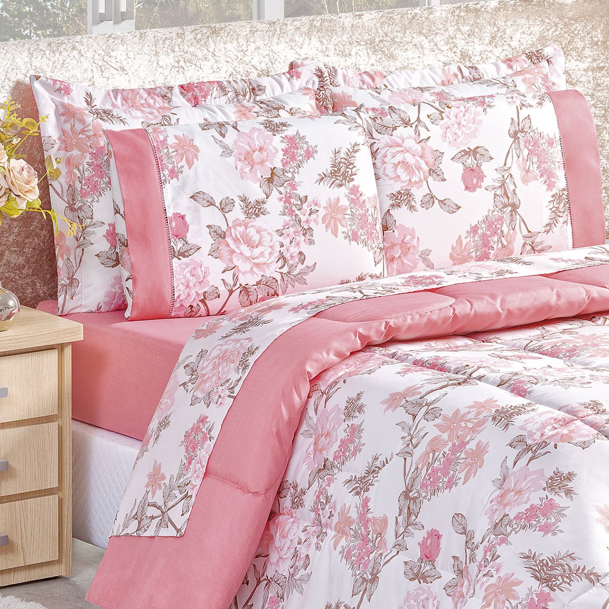 Edredom King Size 200 Fios Dupla Face Rosa Floral 3 Peças 2,60m x 2,40m - 3