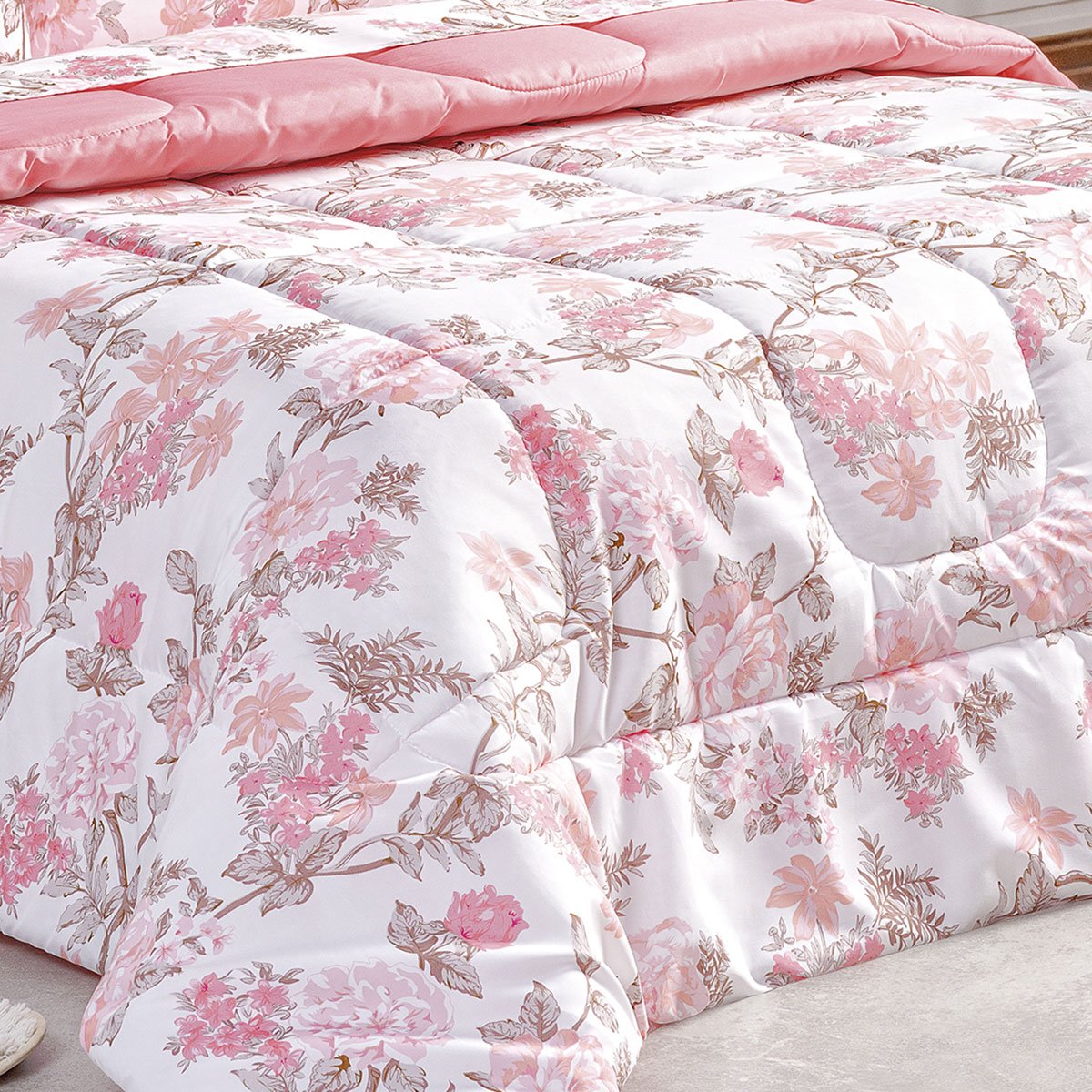 Edredom King Size 200 Fios Dupla Face Rosa Floral 3 Peças 2,60m x 2,40m - 2