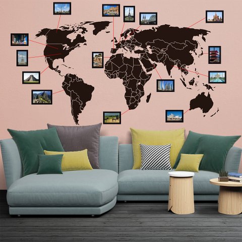 Adesivo de Parede Mapa Mundi com Molduras Arte Destaque 1,70 X 0,95 Metros