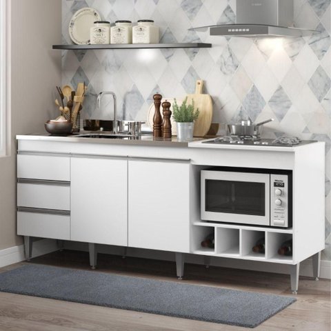 Kit Armário de Cozinha para Pia 120cm e Balcão para Cooktop 4 Bocas Menu Móveis Branco
