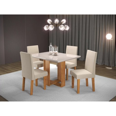 Conjunto Sala de Jantar Mesa Ville Tampo Vidro/MDF com 4 Cadeiras Venus Bege/Mel/Off White