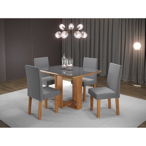 Conjunto Sala de Jantar Mesa Ville Tampo Vidro/MDF com 4 Cadeiras Venus Cinza/Mel/Grafite