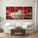 Ver imagem 2 de Quadro Decorativo Paisagem Montanhas e Flores Vermelhas 3 Telas 60x90cm para Sala Quarto Escritório
